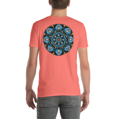 Unisex Softstyle T-Shirt (mandala with spokes in core on back | WISDOM in black lettering on front)