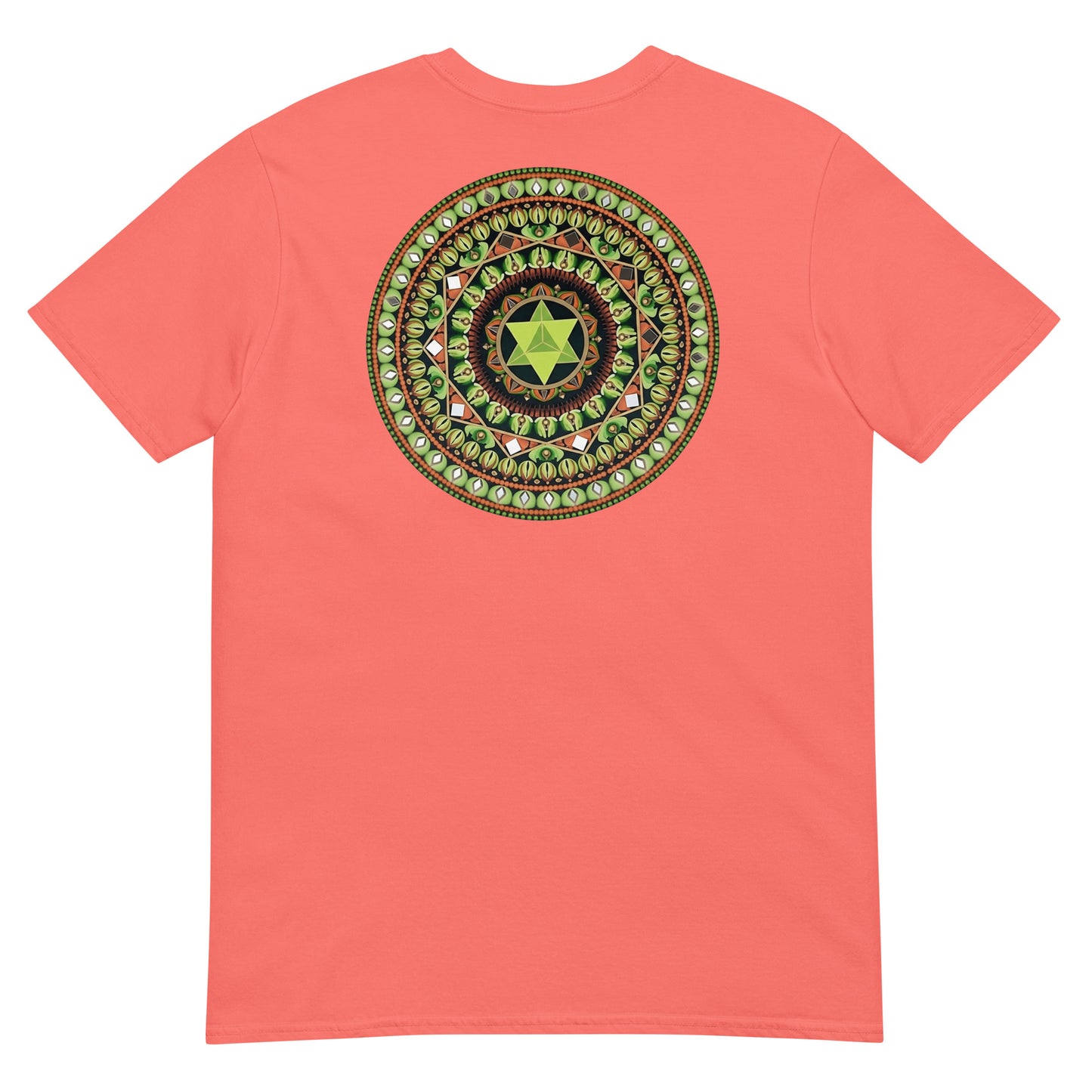 Unisex Softstyle T-Shirt (mandala with green star on back | HARMONY in black lettering on front)