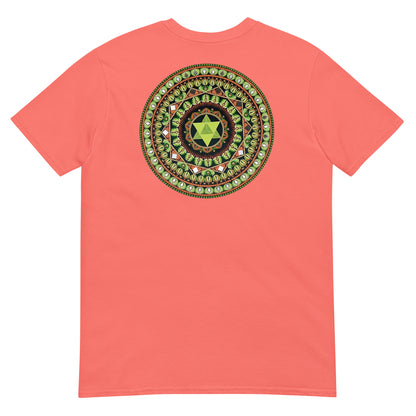 Unisex Softstyle T-Shirt (mandala with green star on back | HARMONY in black lettering on front)