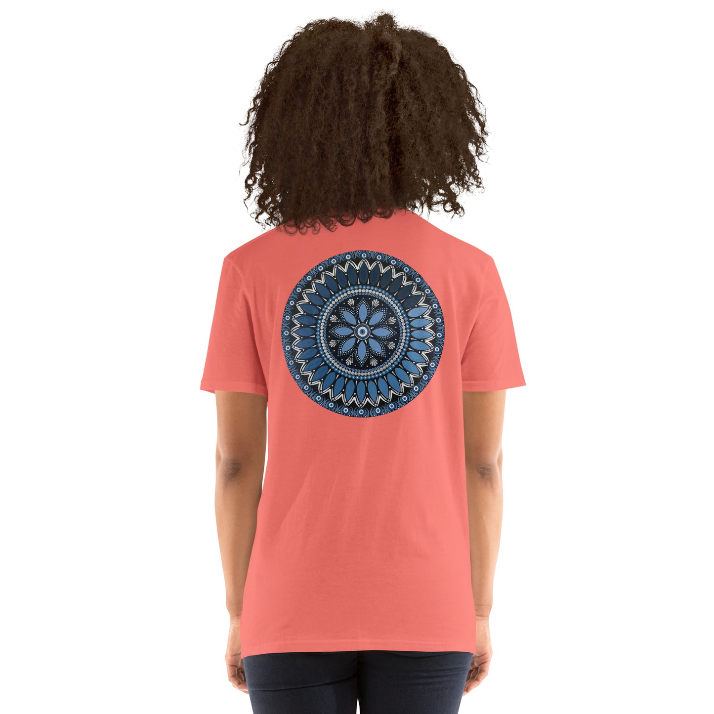 Unisex Softstyle T-Shirt (mandala with blue and white core on back | SERENITY in black lettering on front)
