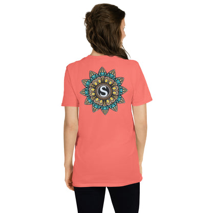 Unisex Softstyle T-Shirt (mandala with "S" in core on back | SHINE in black lettering on front)
