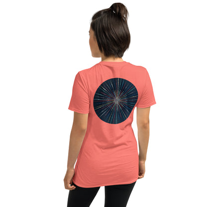 Unisex Softstyle T-Shirt (mandala with streams of light on back | EXPANSION in black lettering on front)