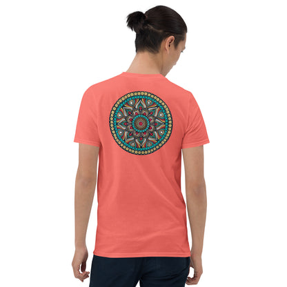 Unisex Softstyle T-Shirt (mandala with red core on back | PURPOSE in black lettering on front)