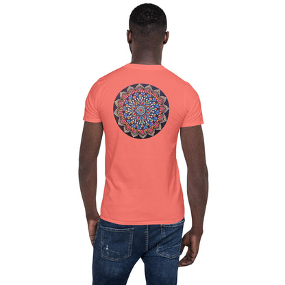 Unisex Softstyle T-Shirt (mandala with pink petals on back | VITALITY in black lettering on front)