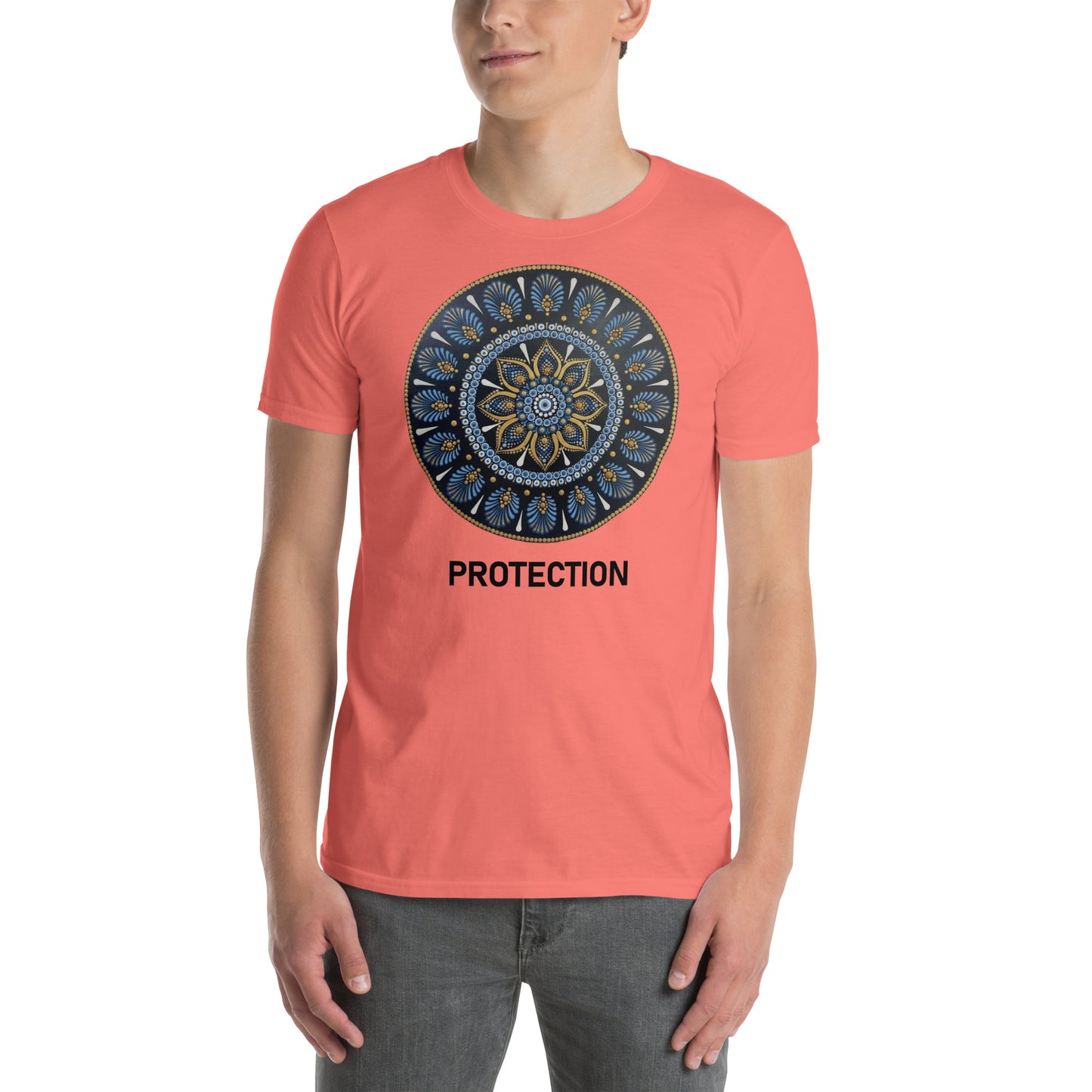 Unisex Softstyle T-Shirt (mandala with gold rim on front | PROTECTION in black lettering)