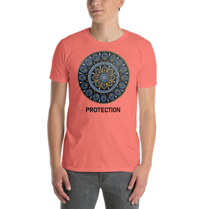 Unisex Softstyle T-Shirt (mandala with gold rim on front | PROTECTION in black lettering)