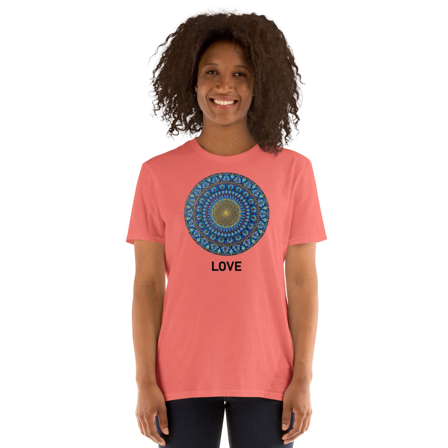 Unisex Softstyle T-Shirt (mandala with golden core | on front | LOVE in black lettering)