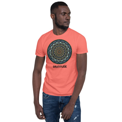 Unisex Softstyle T-Shirt (mandala green and gold rim | on front | GRATITUDE in black lettering)