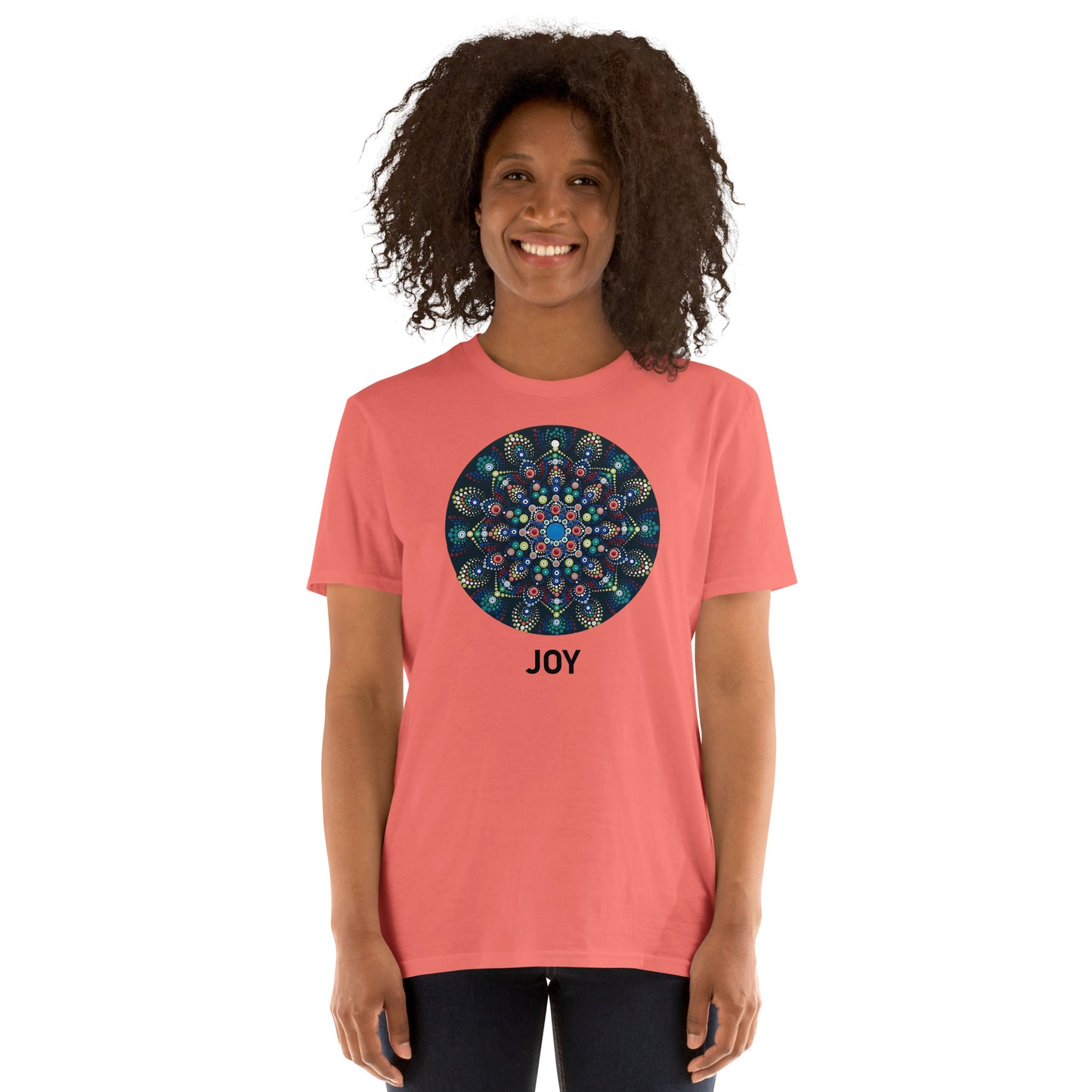 Unisex Softstyle T-Shirt (mandala with colorful dots | on front | JOY in black lettering)