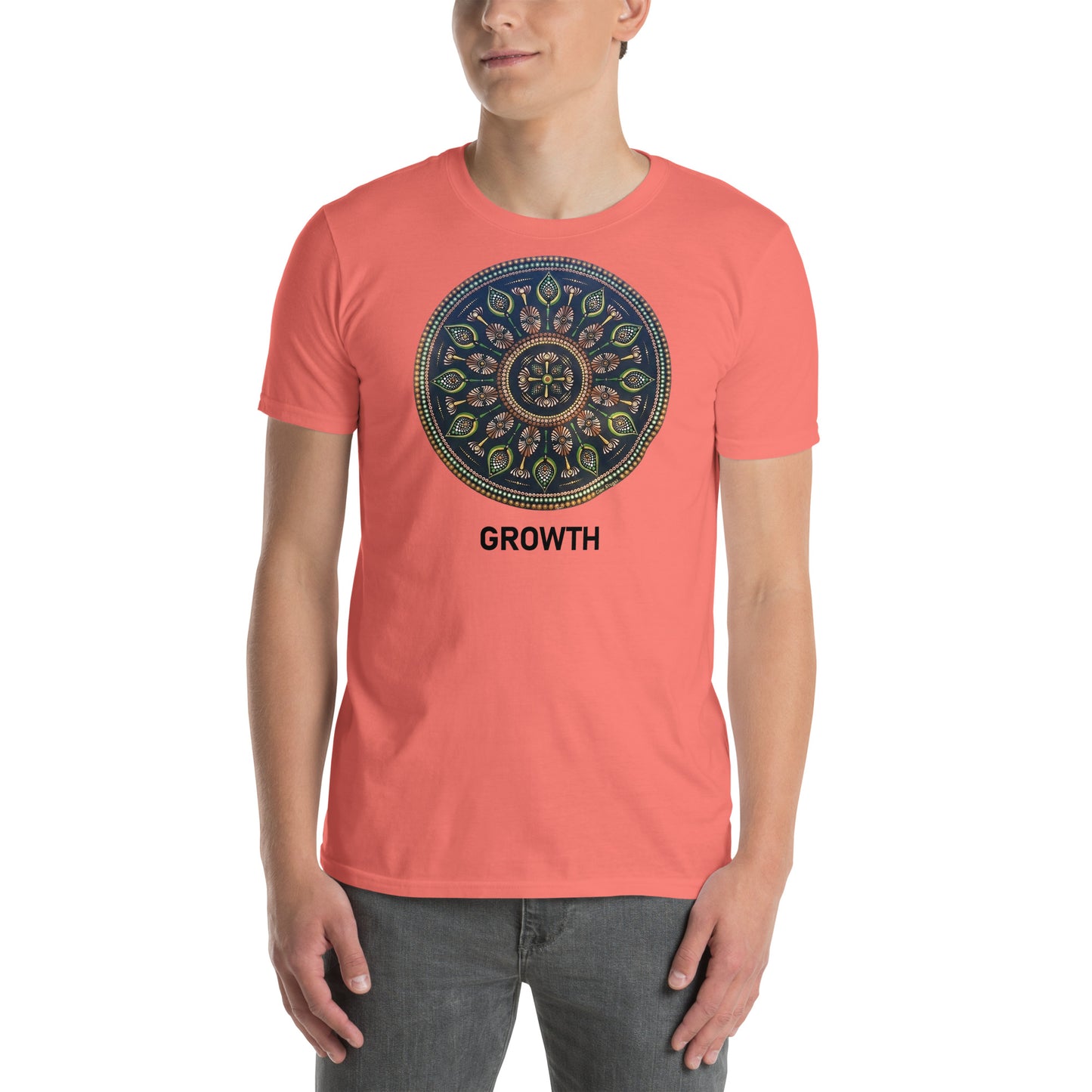 Unisex Softstyle T-Shirt (mandala with cross in the core | on front | GROWTH in black lettering)