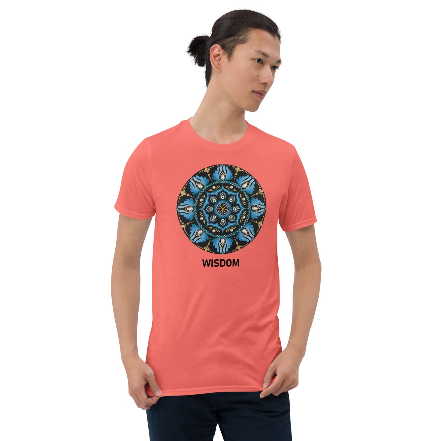Unisex Softstyle T-Shirt (mandala with spokes in core | on front | WISDOM in black lettering)
