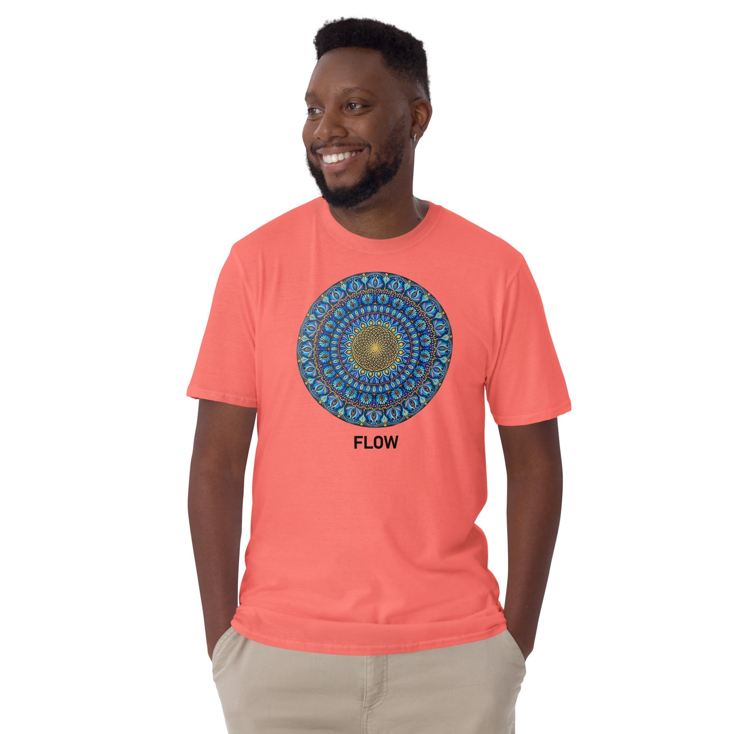 Unisex Softstyle T-Shirt (mandala with golden core | on front | FLOW in black lettering)