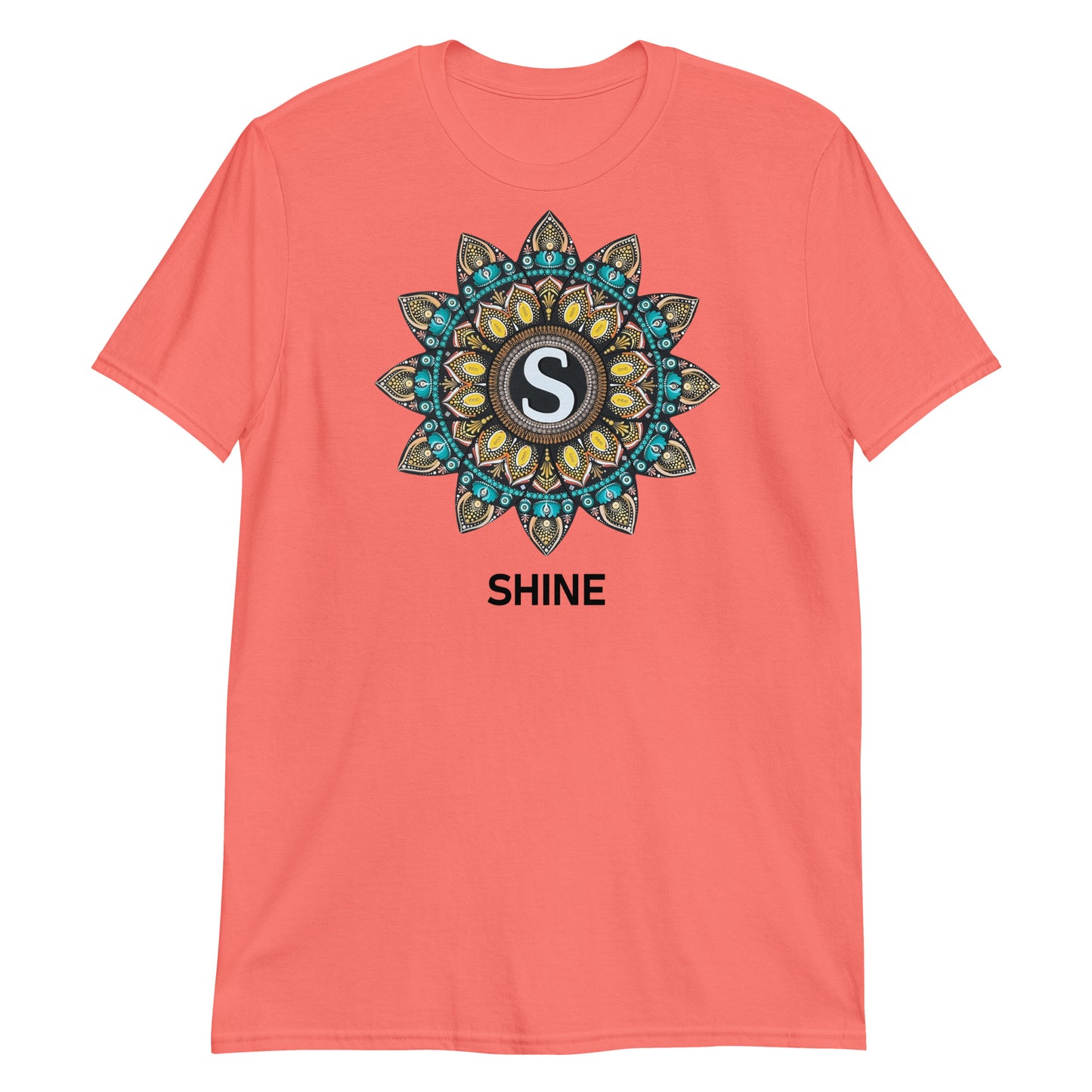 Unisex Softstyle T-Shirt (mandala with "S" in core | on front | SHINE in black lettering)