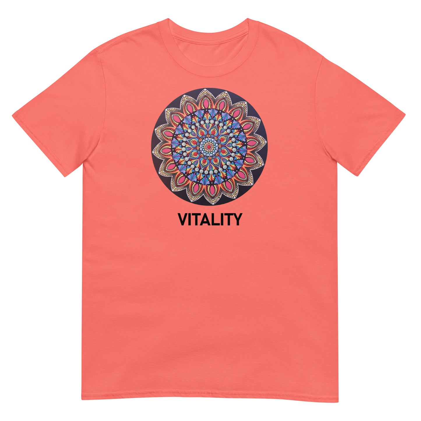 Unisex Softstyle T-Shirt (mandala with pink petals | on front | VITALITY in black lettering)