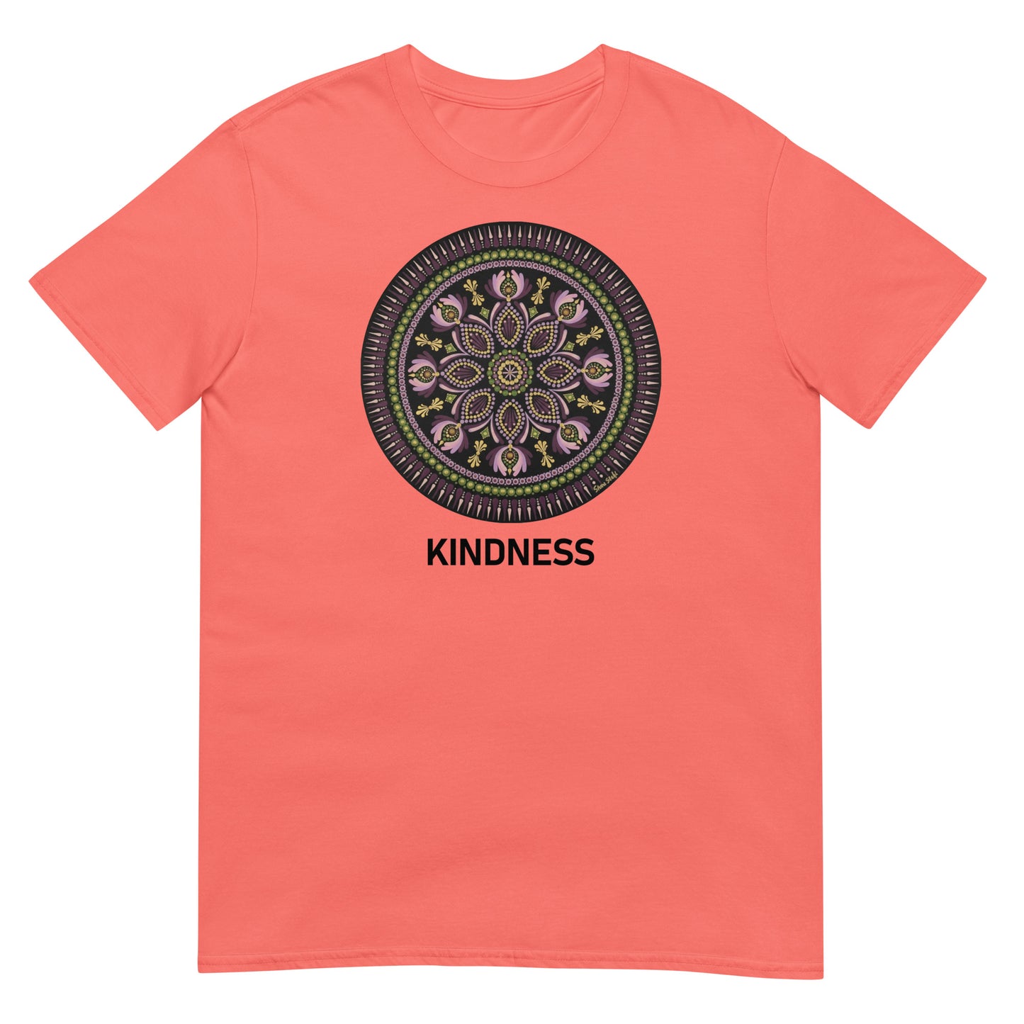 Unisex Softstyle T-Shirt (mandala with magenta rim | on front | KINDNESS in black lettering)