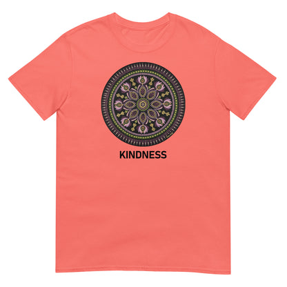 Unisex Softstyle T-Shirt (mandala with magenta rim | on front | KINDNESS in black lettering)