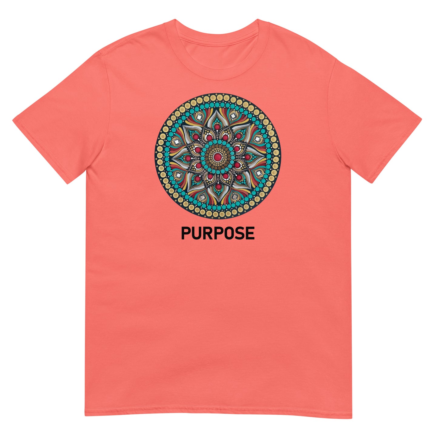 Unisex Softstyle T-Shirt (mandala with red core | on front | PURPOSE in black lettering)