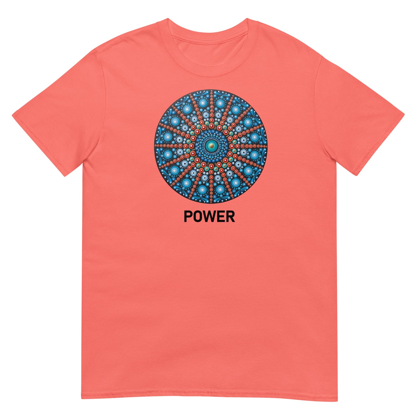 Unisex Softstyle T-Shirt (mandala with red lines | on front | POWER in black lettering)
