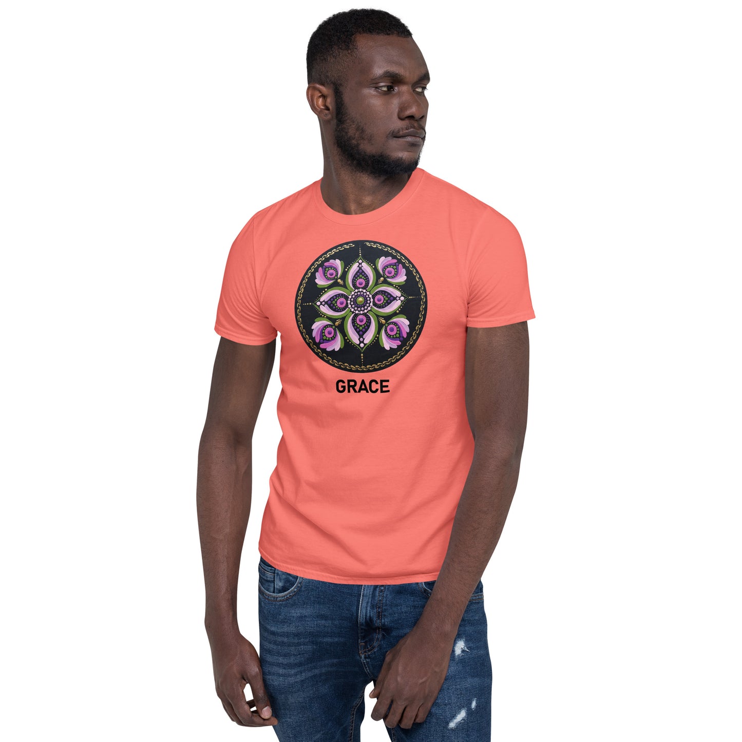 Unisex Softstyle T-Shirt (mandala with purple petals | on front | GRACE in black lettering)