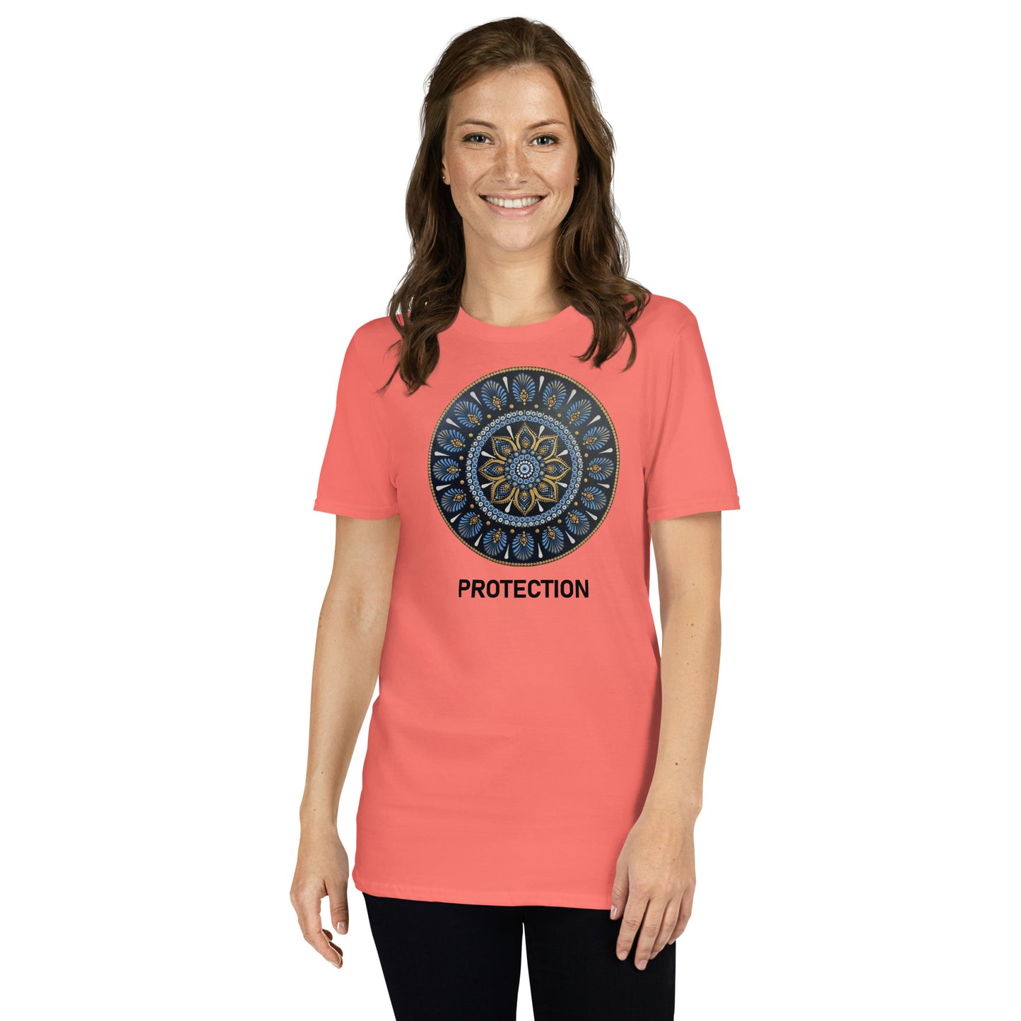 Unisex Softstyle T-Shirt (mandala with gold outer rim | on front | PROTECTION in black lettering)