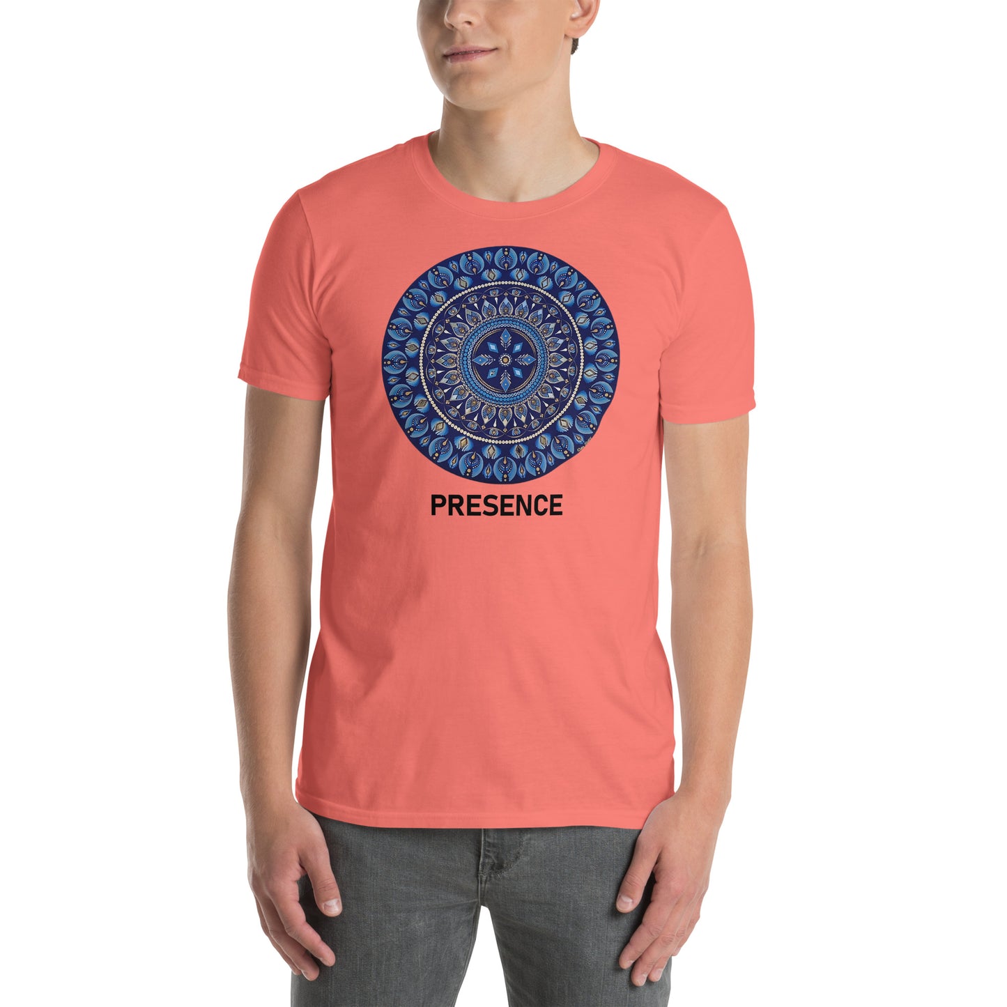 Unisex Softstyle T-Shirt (mandala with 4 diamonds | on front | PRESENCE in black lettering)