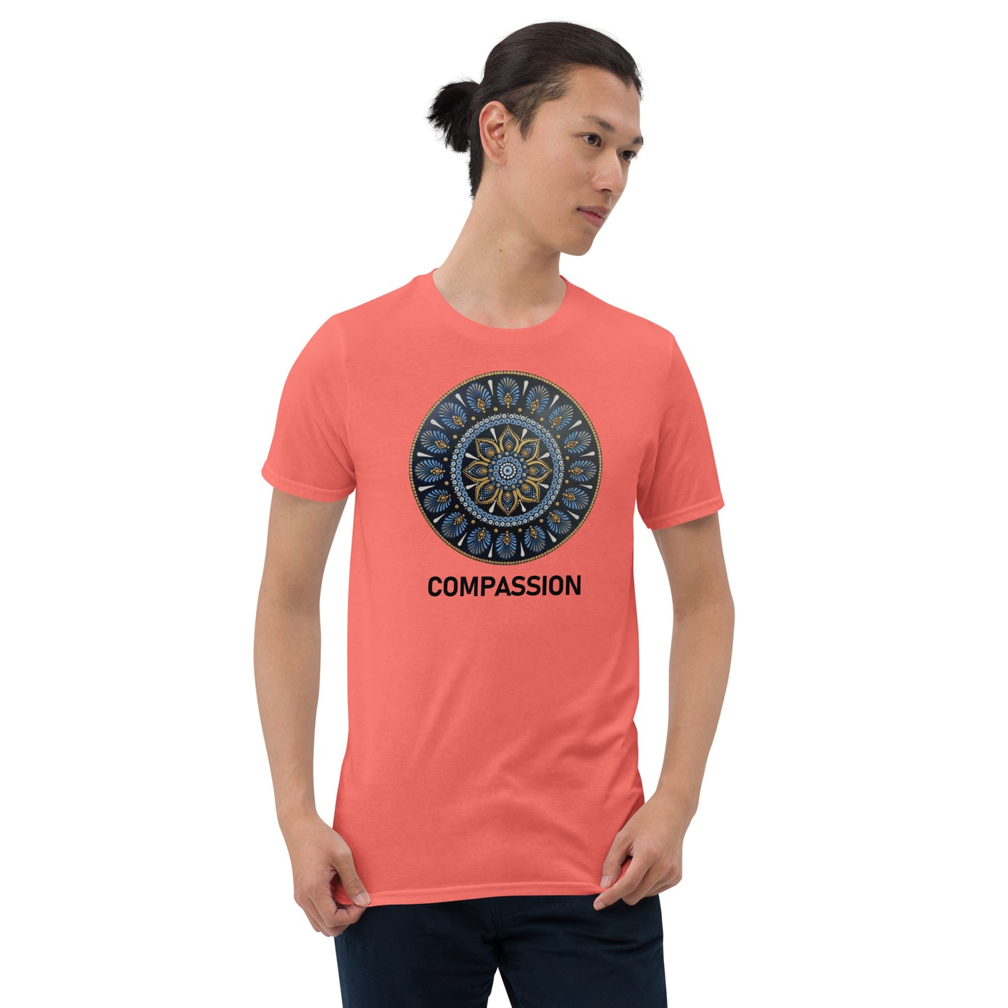 Unisex Softstyle T-Shirt (mandala with gold rim | on front | COMPASSION in black lettering)