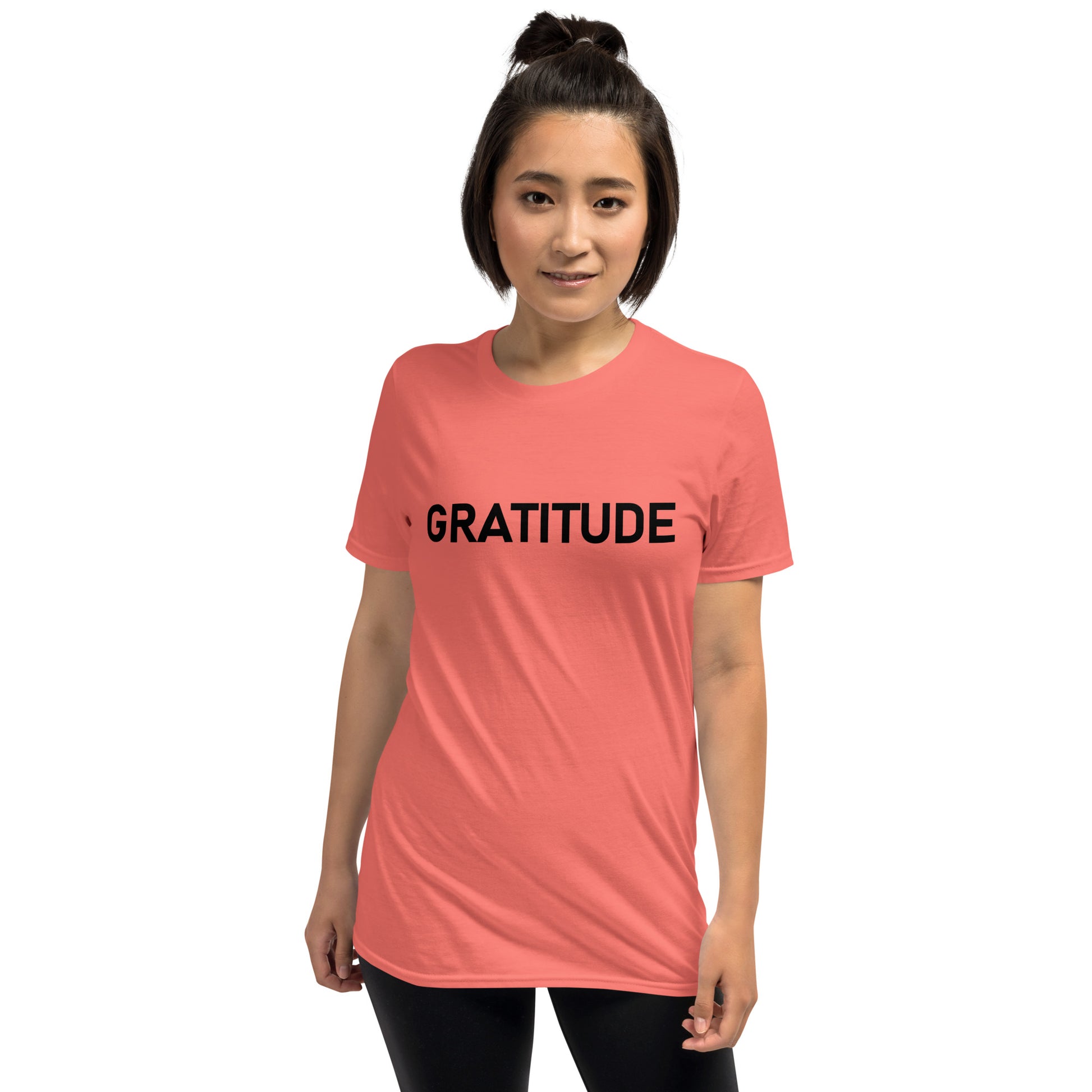 Unisex Softstyle T-Shirt (mandala green and gold rim on back | GRATITUDE in black lettering on front)