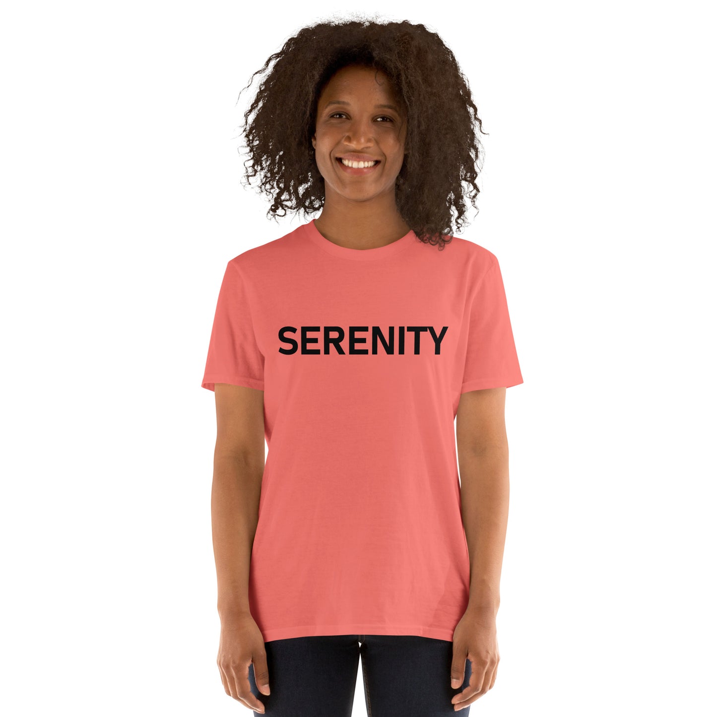 Unisex Softstyle T-Shirt (mandala with blue and white core on back | SERENITY in black lettering on front)