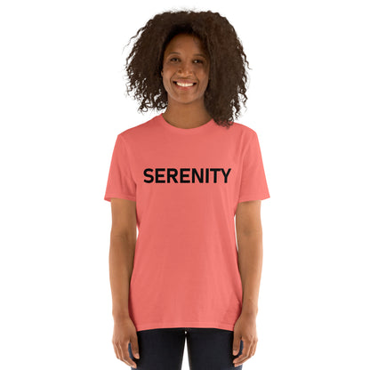Unisex Softstyle T-Shirt (mandala with blue and white core on back | SERENITY in black lettering on front)