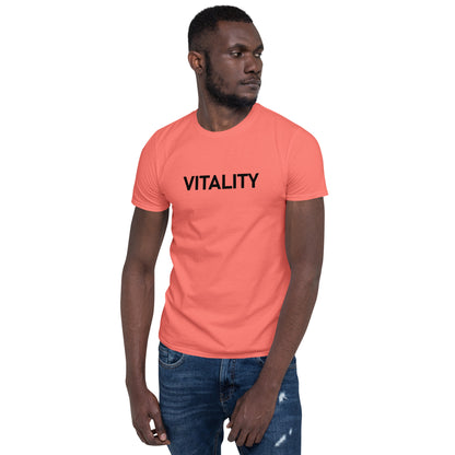 Unisex Softstyle T-Shirt (mandala with pink petals on back | VITALITY in black lettering on front)