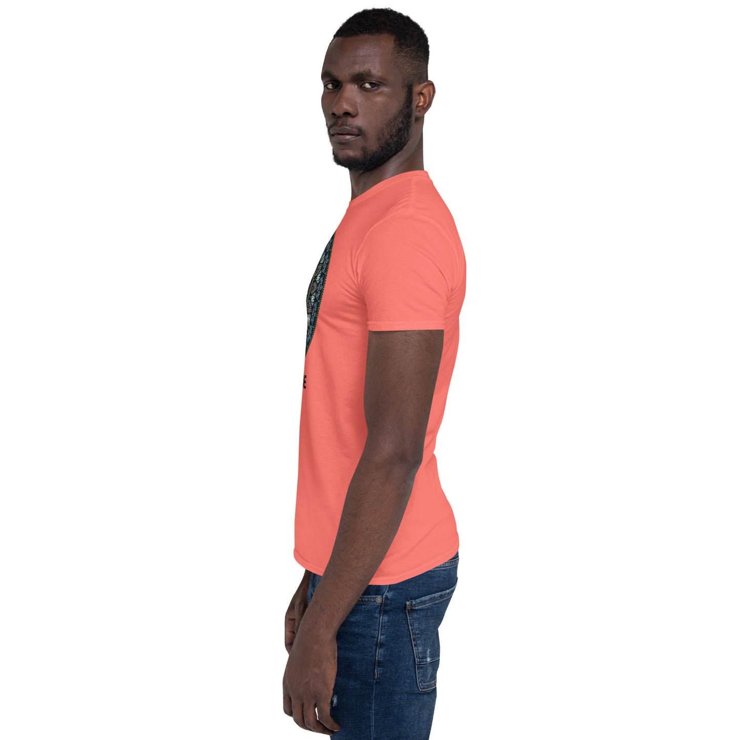 Unisex Softstyle T-Shirt (mandala green and gold rim | on front | GRATITUDE in black lettering)