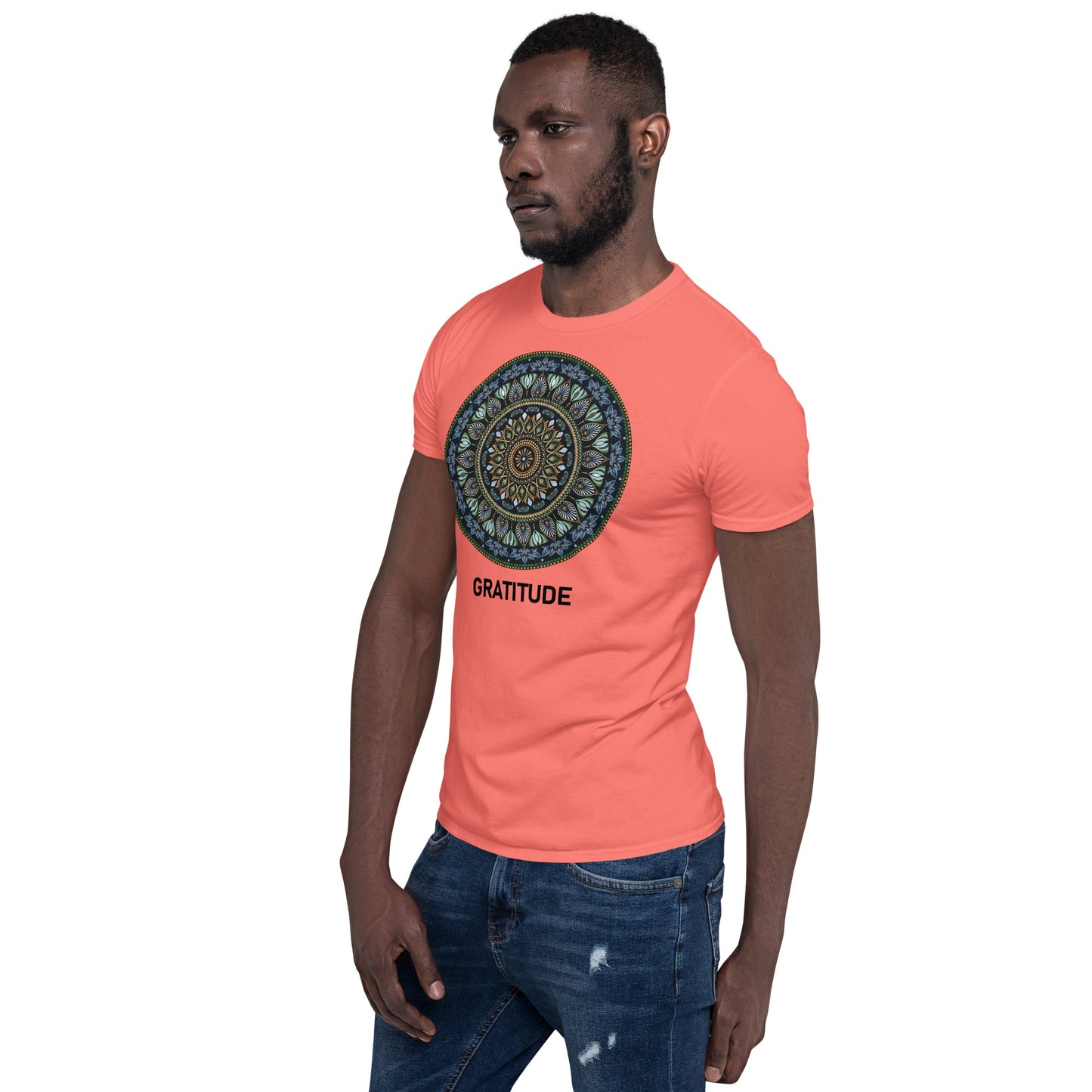 Unisex Softstyle T-Shirt (mandala green and gold rim | on front | GRATITUDE in black lettering)