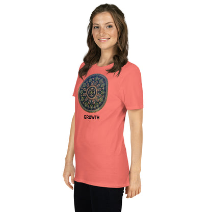 Unisex Softstyle T-Shirt (mandala with cross in the core | on front | GROWTH in black lettering)