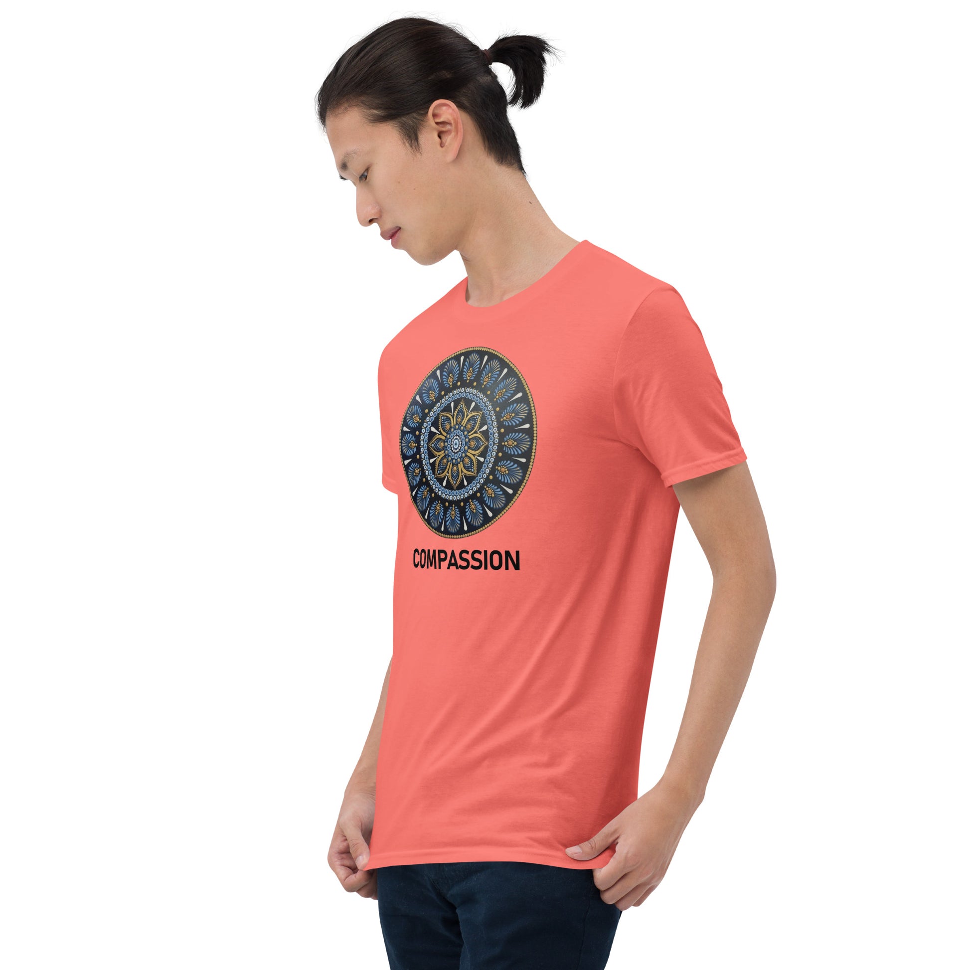 Unisex Softstyle T-Shirt (mandala with gold rim | on front | COMPASSION in black lettering)