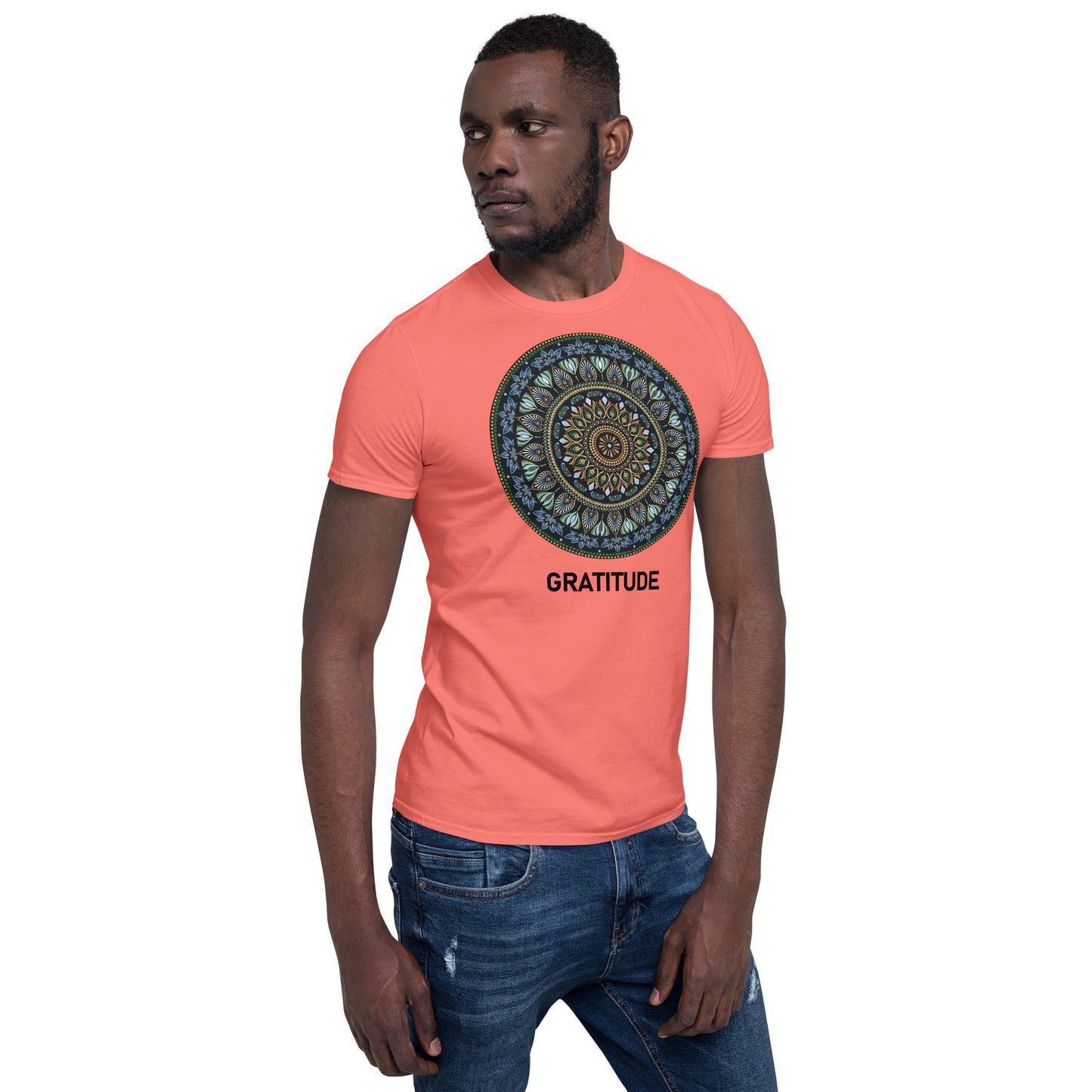 Unisex Softstyle T-Shirt (mandala green and gold rim | on front | GRATITUDE in black lettering)