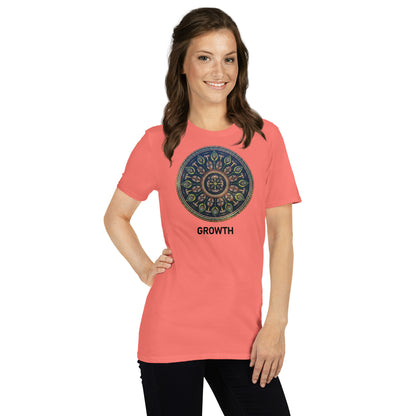 Unisex Softstyle T-Shirt (mandala with cross in the core | on front | GROWTH in black lettering)