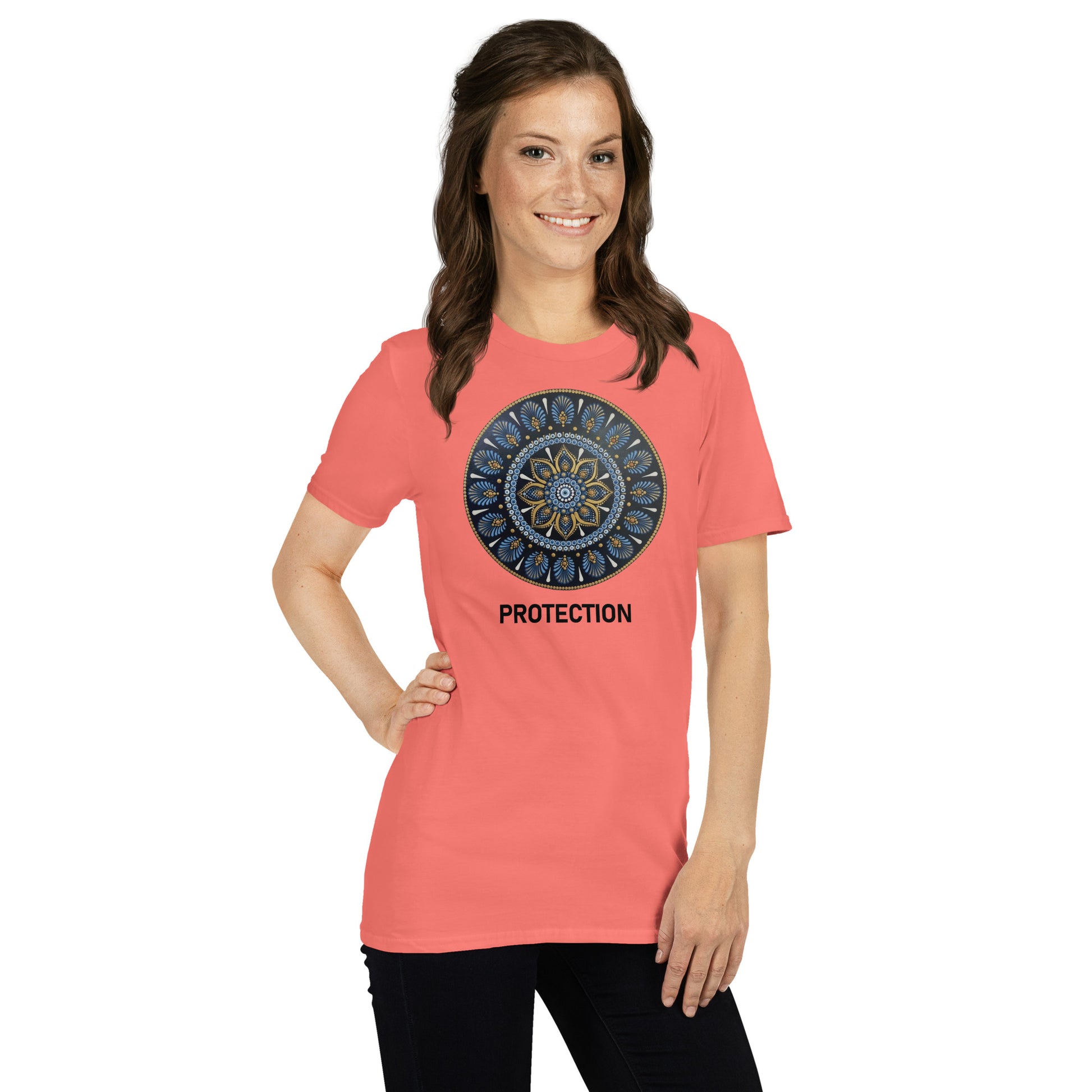 Unisex Softstyle T-Shirt (mandala with gold outer rim | on front | PROTECTION in black lettering)