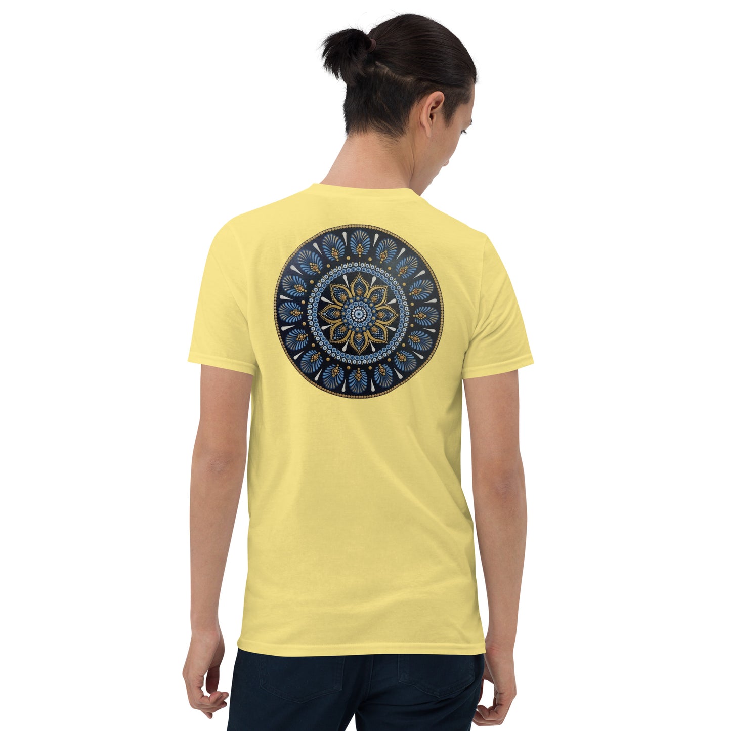 Unisex Softstyle T-Shirt (mandala with gold rim on back | PROTECTION in black lettering on front)