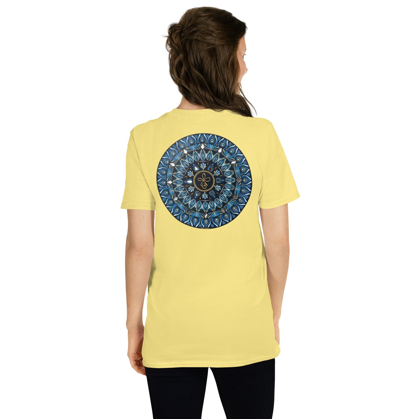 Unisex Softstyle T-Shirt (mandala with 3 loops in core on back | FAMILY in black lettering on front)