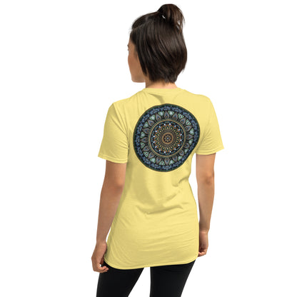 Unisex Softstyle T-Shirt (mandala green and gold rim on back | GRATITUDE in black lettering on front)