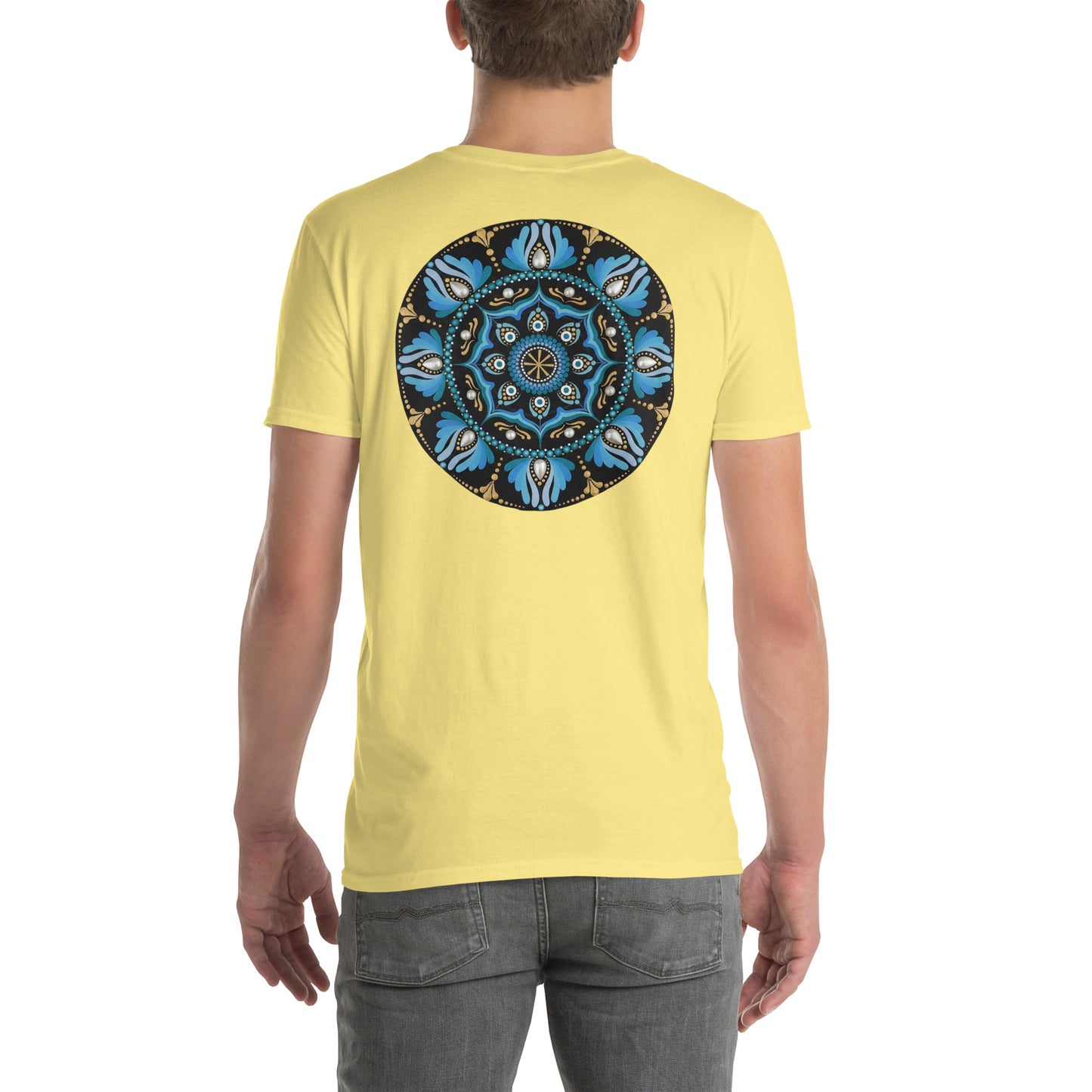 Unisex Softstyle T-Shirt (mandala with spokes in core on back | WISDOM in black lettering on front)
