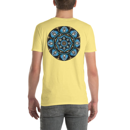 Unisex Softstyle T-Shirt (mandala with spokes in core on back | WISDOM in black lettering on front)