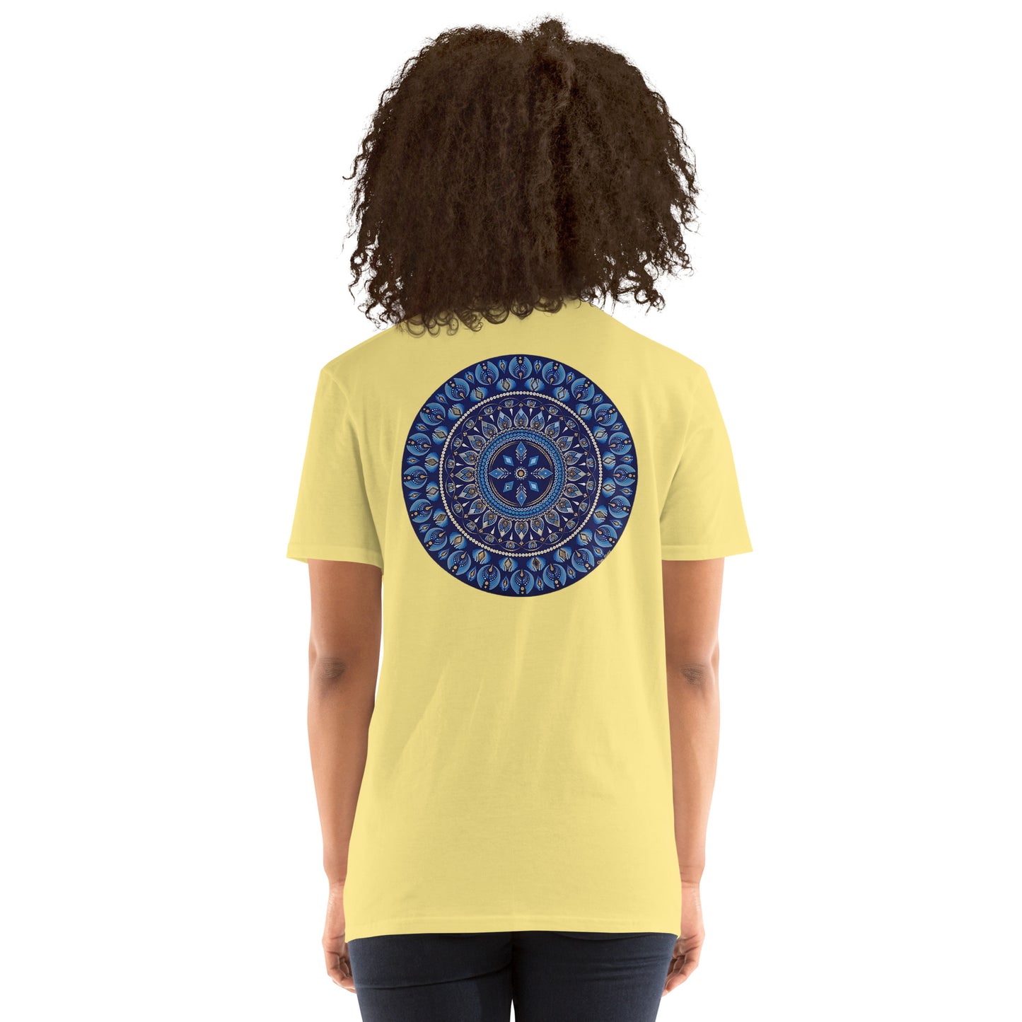 Unisex Softstyle T-Shirt (mandala with 4 diamonds on back | PRESENCE in black lettering on front)