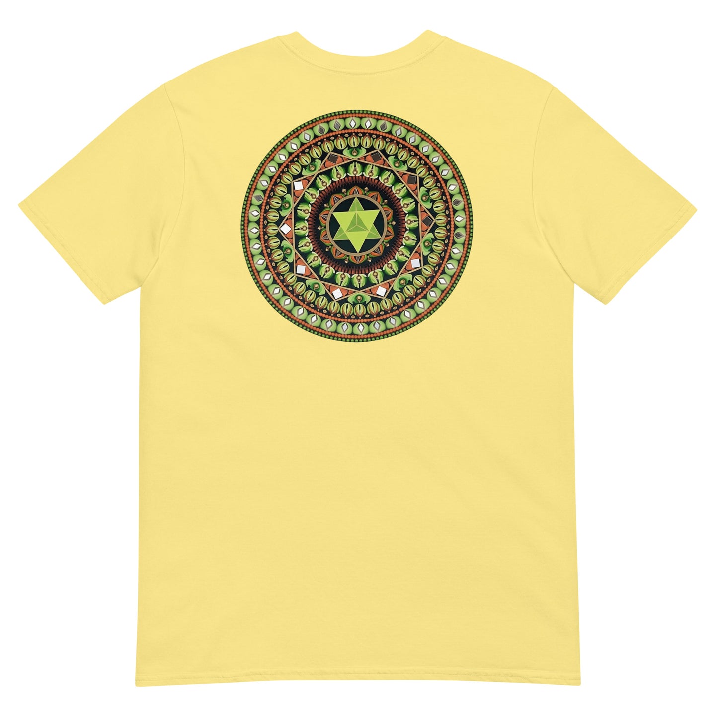 Unisex Softstyle T-Shirt (mandala with green star on back | HARMONY in black lettering on front)