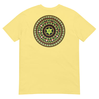 Unisex Softstyle T-Shirt (mandala with green star on back | HARMONY in black lettering on front)