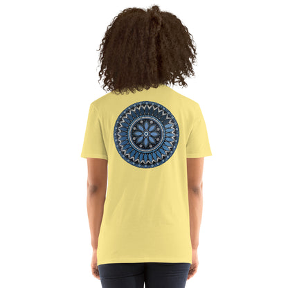 Unisex Softstyle T-Shirt (mandala with blue and white core on back | SERENITY in black lettering on front)
