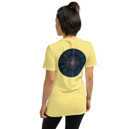 Unisex Softstyle T-Shirt (mandala with streams of light on back | EXPANSION in black lettering on front)
