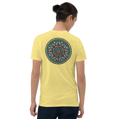 Unisex Softstyle T-Shirt (mandala with red core on back | PURPOSE in black lettering on front)