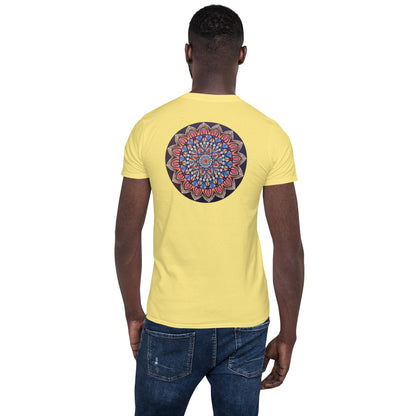Unisex Softstyle T-Shirt (mandala with pink petals on back | VITALITY in black lettering on front)