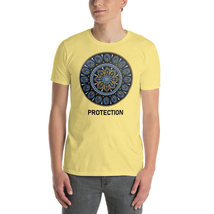 Unisex Softstyle T-Shirt (mandala with gold rim on front | PROTECTION in black lettering)